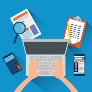 Illustration of a hand working on a laptop