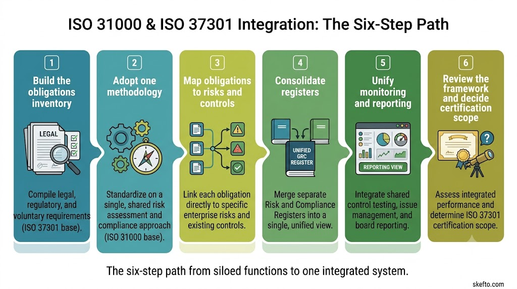 Horizontal six-step timeline for integrating ISO 31000 and ISO 37301: build the obligations inventory, adopt one methodology, map obligations to risks and controls, consolidate registers, unify monitoring and reporting, review the framework and decide certification scope
The six-step path from siloed functions to one integrated system.