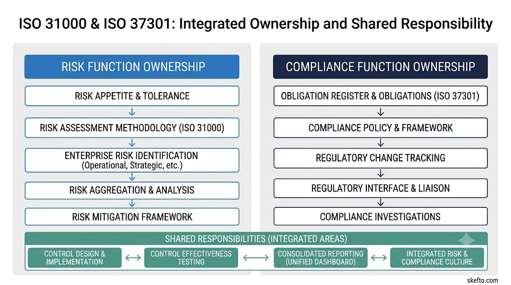 Two-column diagram showing what the risk function owns and what the compliance function owns in an integrated system, with shared responsibilities for controls, reporting and culture underneath
Ownership in an integrated risk and compliance system.